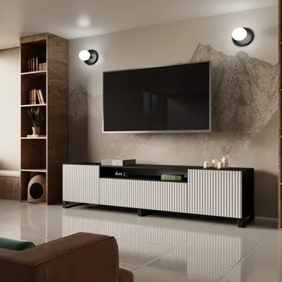 Produktbild von TV-Schrank Noe III Fernsehschrank TV-Lowboard 200 cm vertikal gefräste Fronten modernes Design dreitürig Wohnzimmer (Farbe: schwarz, weiß)