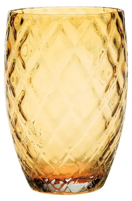 Produktbild von Set aus 6 bernsteinfarbenen, mundgeblasenen Glasbechern mit rautenförmigem Design - raffiniert und elegant für einen stilvollen Tisch