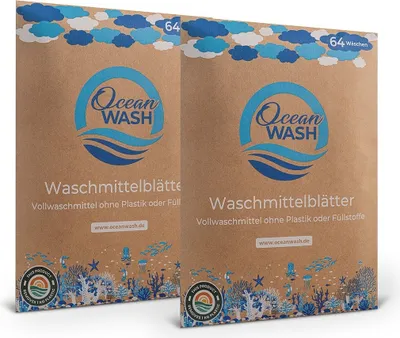 Produktbild von OceanWash 2er-Set Waschmittelblätter Baumwollduft für 128 Waschladungen, 64 Waschstreifen mit Trennlinie, vordosiert & biologisch abbaubar