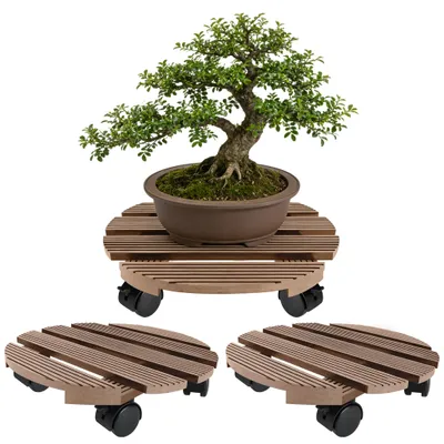 Produktbild von ACXIN 2 Stück WPC Pflanzenroller 30x30 cm Rund Braun Topfroller vormontiert mit Bremsrollen Bodenschutz Untersetzer Innen‑Außen Einsatz Gerätetransport