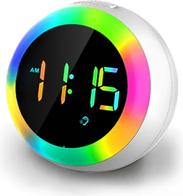 A digital alarm clock with a colorful LED light ring around the display.