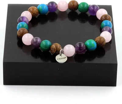 Immagine prodotto di Bracciale perline quarzo rosa + ametista + crisocolla + legno 8 mm