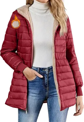 Obrázek produktu pro ASKSA Dámská zimní bunda Teplá prošívaná bunda s podšívkou Zimní lehká bunda Teddy Fleece Zimní kabát s kapucí (Vínově červená,XXL)