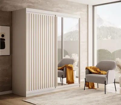Productafbeelding van Schuifdeurkastenkast FABO, wit mat, met accenten in "Artisan Eiken", afmetingen 180x205x60 cm