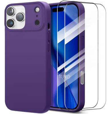 Image de Coque + 2 Verres Trempés pour iPhone 17 Pro, Silicone Liquide Protection Slim Antichoc Violet Foncé