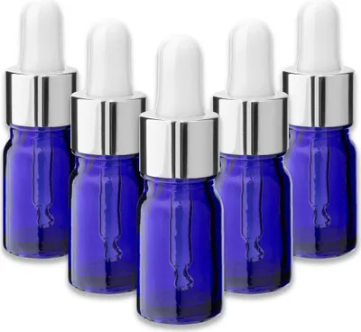 Produktbild von 5x Blaue Glasflasche 5 ml mit silberner Aluminium-Pipette Fläschchen