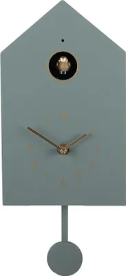 A cuckoo clock with a pendulum is shown against a white background.