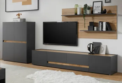 Produktbild von Wohnwand "Center" grau matt mit Wotan Eiche, Wohnzimmer Schrankwand 340 x 180 cm