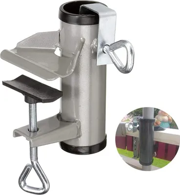 Produktbild von Hikeren Sonnenschirmhalter Klemme, Metall Balkonschirmhalter Schirmständer für Balkon, Terrasse oder Tischzaun Sonnenschirmklemme