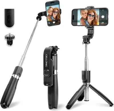 Immagine prodotto di 2-in-1 Bastone da selfie & cavalletto - asta telescopia lunga 1 metro - treppiede telecomando bluetooth per smartphone e fotocamere - Compatibile con iPhone GoPro telefoni Android - colore nero