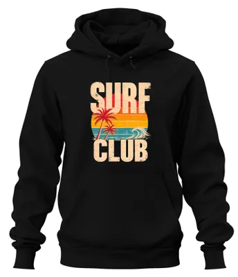 Productafbeelding van SURF CLUB: Surfen, strand, palmbomen, golven, retro, surfer, oceaan. Hoodie, zwart, maat L