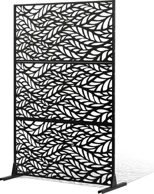A black outdoor privacy screen with a leaf pattern, shown freestanding on a white background.