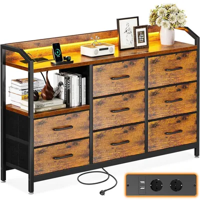 Produktbild von Kommode mit 8 Stoffschubladen, LED-Licht, 2 USB- & 2 AC-Steckdosen, 110x30x88cm Vintage