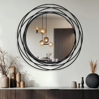 Zdjęcie produktu dla WISFOR Dekoracyjne lustro, 80 cm, lustro artystyczne z czarną żelazną ramą, nowoczesne lustro do łazienki, salonu, sypialni, przedpokoju