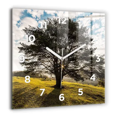 Produktbild von Wallfluent Große Wanduhr – Stilles Quarzuhrwerk - Uhr Dekoration Wohnzimmer Schlafzimmer Küche - Zifferblatt - weiße Zeiger - 60 cm - Baum auf einem Hügel