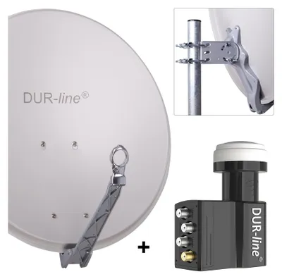 A collage of images showing a satellite dish, its mounting hardware, and a satellite receiver.