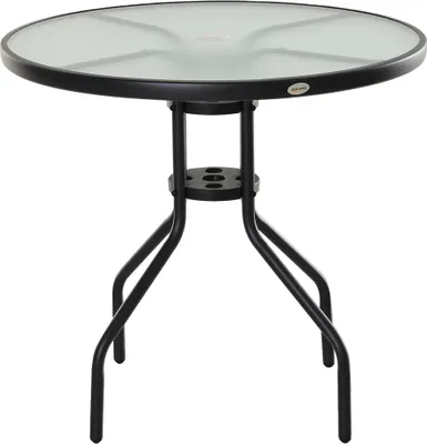 Image de Table de jardin - Table ronde en verre pour l'extérieur - Avec trou pour parasol - Ø 80 cm - Hauteur 72 cm - Structure métallique - Noir