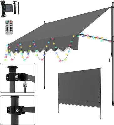Produktbild von Faziango Klemmmarkise mit LED 300x120cm Balkonmarkise, UV-beständig 50+ höhenverstellbar Sonnenschutz ohne Bohren für Terrasse und Balkon Grau