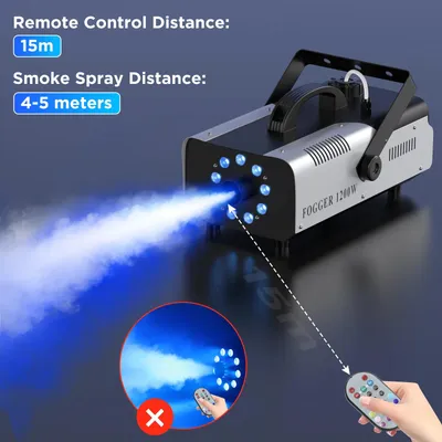 Immagine prodotto di Macchina del fumo da 1200W - Generatore di effetti scenici - 9 LED RGB - Serbatoio da 1,5L - Telecomando wireless - Adatta per palcoscenico e DJ - Spina EU