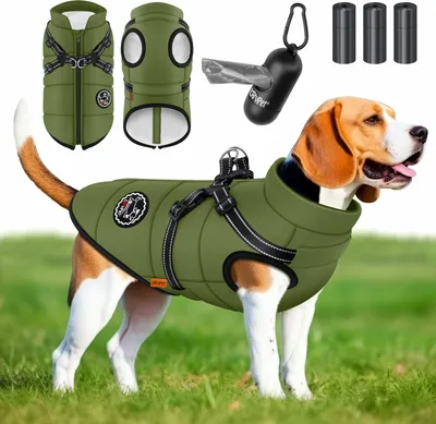 Produktbild von LOVPET® Hundejacke Hundemantel mit Geschirr, inkl. 45 Stück Kotbeutel + Spender, Hunde Winterweste gefüttert wasserdicht, Gepolsterte Weste Mit Brustgurt, Reflektoren , Khaki, XL