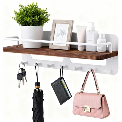 Produktbild von Schlüsselbrett mit Ablage und 7 Haken, Holz, kein Bohren erforderlich, Wandorganizer für Eingangsbereich, Flur, Wohnzimmer, Schlafzimmer