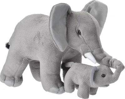 Two plush elephants, a larger one and a smaller one, are shown against a white background.