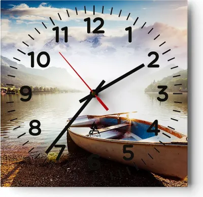 Produktbild von Wanduhr - Quadrat - Glasuhr - Berge See Boot - 40x40cm - Schleichendes Uhrwerk - Lautlos - zum Aufhängen bereit - Dekoration Modern - Wanddekoration aus Glas - C4AC40x40-3927