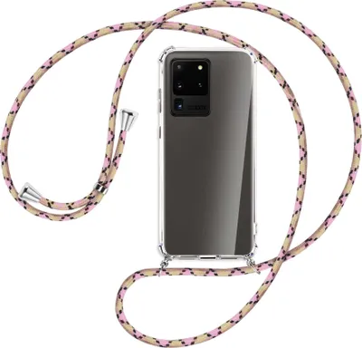 Produktbild von Handykette Backcover-Schutzhülle mit Band (Metall silberfarben) für Samsung Galaxy S20 Ultra - rosa Karo