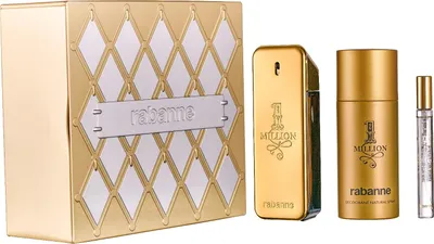 A gift set of Paco Rabanne 1 Million fragrance products, including a perfume bottle, deodorant spray, and a travel-sized spray, presented in a decorative box.