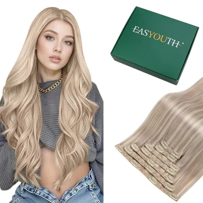 Zdjęcie produktu dla Pasemka do włosów z naturalnych włosów, kolor blond, Remy, podwójne pasemka, 50 cm, 120g, zestaw 7 sztuk, kolor #18P613
