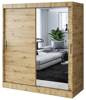Produktbild von Kleiderschrank mit Spiegel - 180x200cm - Artisan Eiche - Schiebetürenschrank HUGO - 2-türig - mit 2 Kleiderstangen