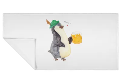Produktbild von Mr. & Mrs. Panda Handtuch Pinguin Bier - Weiß - Geschenk, kleines, gesichtstuch, 50x100, , Baumwollhandtuch, Feierabend, Beschwippst, Pinguine, Flauschtuch