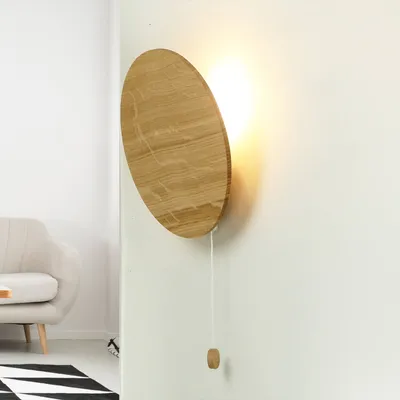 Produktbild von Wandleuchte Holz Hell Eiche Braun Schirm Rund Zugpendel G9 Natürlich Wandlampe Schlafzimmer Flur