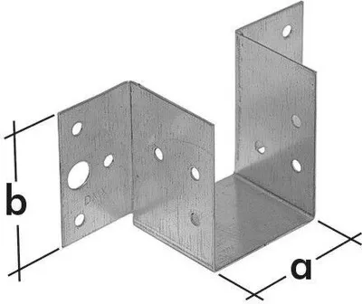 A metal bracket with dimensions labeled 'a' and 'b'.