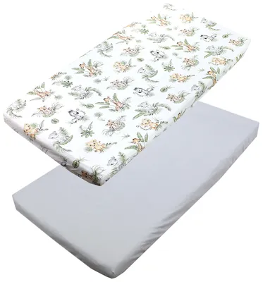 Produktbild von TupTam Baby Spannbettlaken Kinder Spannbetttuch für Babybett Kinderbett 2er Pack, Farbe: Safari / Löwe / Braun / Blätter / Grün / Grau, Größe: 70 x 140 cm