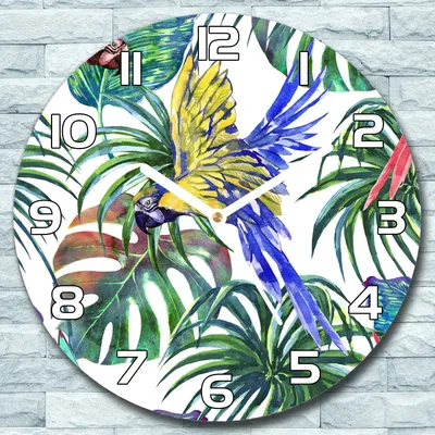 Produktbild von Wanduhr aus Glas Rund fi 30 Papageien & Blätter Quarz Deko Wohnzimmer Büro