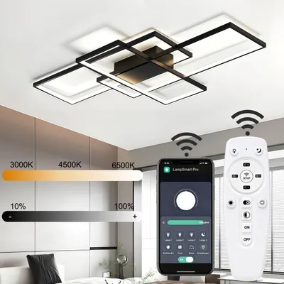 Produktbild von Moderne LED Deckenleuchte Schwarz 90x60 cm, Dimmbar 3000–6500K, Fernbedienung & APP, Smart LED Deckenbeleuchtung für Wohnzimmer, Esszimmer und Schlaf