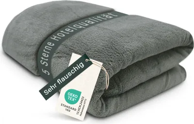 A folded gray blanket with a tag and a band around it.