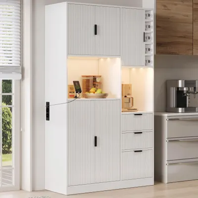Produktbild von okwish Küche Hochschränke mit Weinregal und LED, Wohnzimmerschränke mit Steckdosen und Schubladen, mit verstellbaren Einlegeböden,Weiß