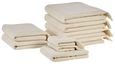 Image de BELIANI Set de serviettes avec tapis de bain Beige Coton et polyester 9 pièces à franges Moderne Absorbant Séchage rapide Filé à anneaux pour salle de bain