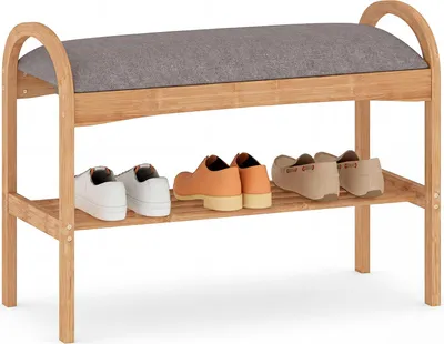 Produktbild von COSTWAY Schuhbank Bambus, Schuhregal mit gepolstertem Sitzkissen & Regal, kompakter Sitzbank für Flur, Eingangsbereich, 70x31,5x51 cm, Natur & Grau