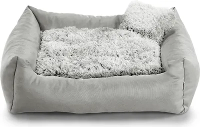 Image de Lit pour chien FN - Coussin doux en peluche avec rembourrage en mousse de polyuréthane, anti-salissures et confortable, petit coussin inclus (M - 80x65, gris clair)