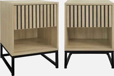 Two identical contemporary nightstands with a ribbed wood-look drawer front and black metal legs, presented against a white background.