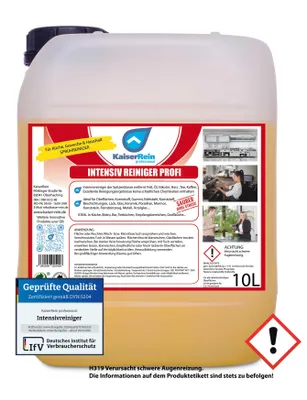 Produktbild von KaiserRein Intensivreiniger Profi Küchenfett Löser Küchen- Reiniger Fettlöser 10 L Kanister Konzentrat Fettlöser Gastronomie gegen Fett, Öl, Nikotin, Harz, Tee, Kaffee Küchenreiniger