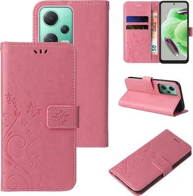 Produktbild von Handyhülle für Xiaomi Redmi Note 12 5G Floral Blumen Schmetterling Flip Cover Hülle Case Klapphülle Handytasche Farbe: Rosegold