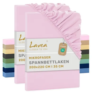 Zdjęcie produktu dla Lavea® Elastyczne prześcieradło 200x220 cm wykonane z mikrofibry, prześcieradło z gumką wszytą po obwodzie, przeznaczone dla materacy o grubości do 35 cm, oddychające i zapewniające uczucie chłodu, łatwe w pielęgnacji, zestaw 2 sztuk, kolor różowy
