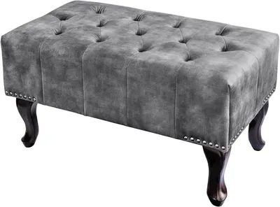 Productafbeelding van Zitkruk 80 cm - grijs - fluweel met golfverenvering | Zitmeubel, hoog comfort, decoratieve stiksel, hoogwaardige fluwelen bekleding