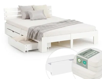 Image de Lit Double 160x200 cm avec 2 Matelas et Tiroirs Lit en Bois Blanc Cadre de Lit Sommier à Lattes