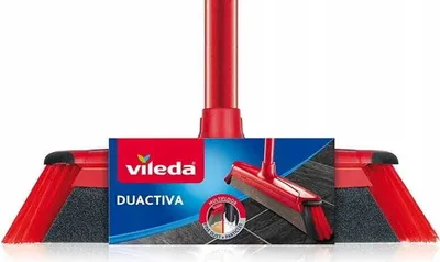 A Vileda Duactiva broom with a red handle and bristles, shown from the front with packaging in the foreground.
