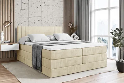 Produktbild von ALTDECOR Boxspringbett mit 2 Matratzen und Topper - 200x200 cm - IDRIKO KING - Beige Samt - Polsterbett mit, H3- und H4- Matratzen, Bettkasten und Lattenrost, Bett mit Stauraum